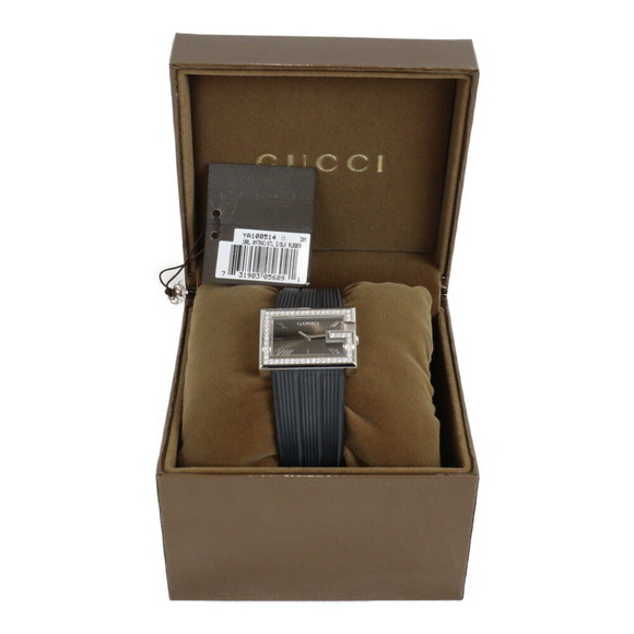 Gucci GG Rectangle Quartz SS Rubber Diamond Bezel Black - Picture 14 of 14